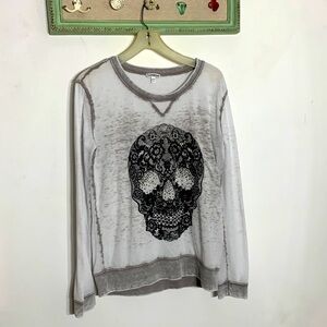 Express burn out cotton long sleeve graphic lace sugar skulls crystal pullover s
